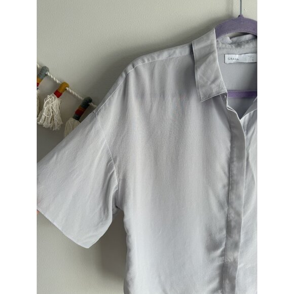 Grana 100% Silk Gray Boxy Button Down Top Timeless Modest Minimalist Basics S - Picture 2 of 9